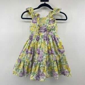 Janie and Jack Floral Dress Girls 6 Purple Yellow Ruffle Tiered Summer Spring